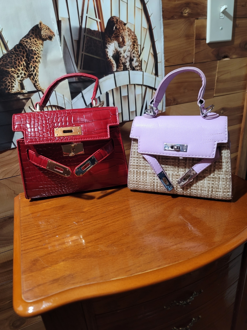 Structured Mini Top-Handle Bag in Red Croc-Emboss and Lavender Trim